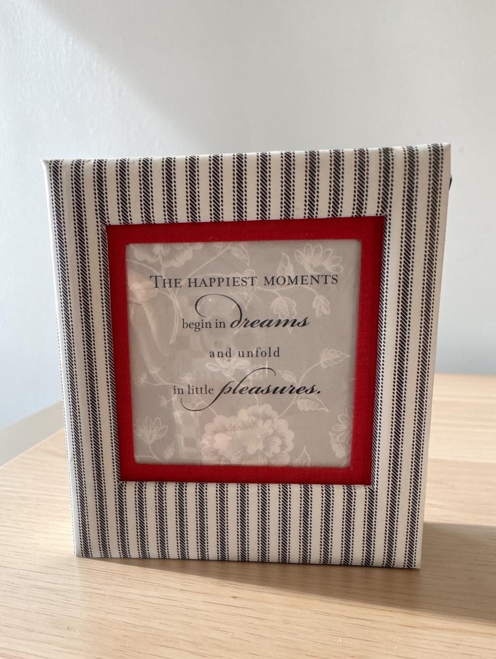 Vintage Decorative Photo Frame with Striped Fabric and Red Accent, Mid-Century